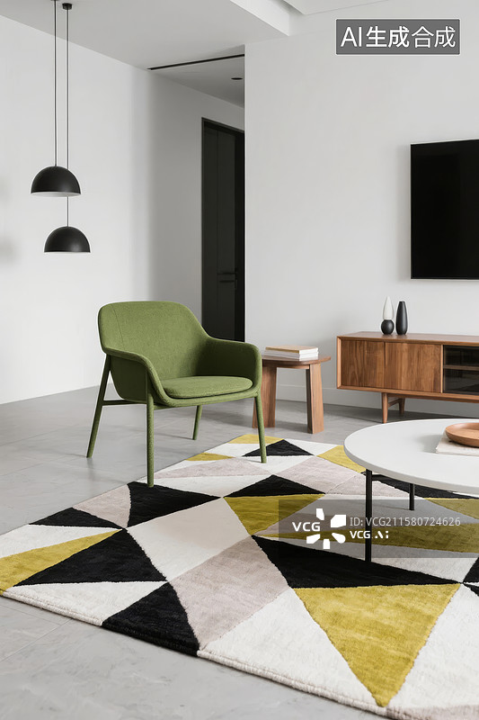 【AI数字艺术】现代客厅布置，绿色椅子与几何地毯图片素材