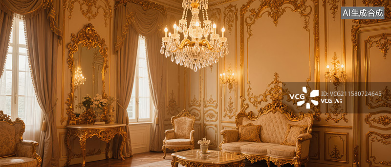 【AI数字艺术】华丽古典客厅，金色装饰与水晶吊灯图片素材