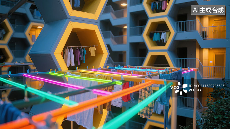 【AI数字艺术】蜂巢式建筑与霓虹晾衣架图片素材