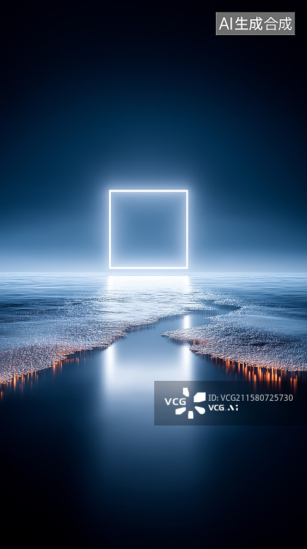【AI数字艺术】互联网科技背景——海上抽象发光立方体建筑图片素材