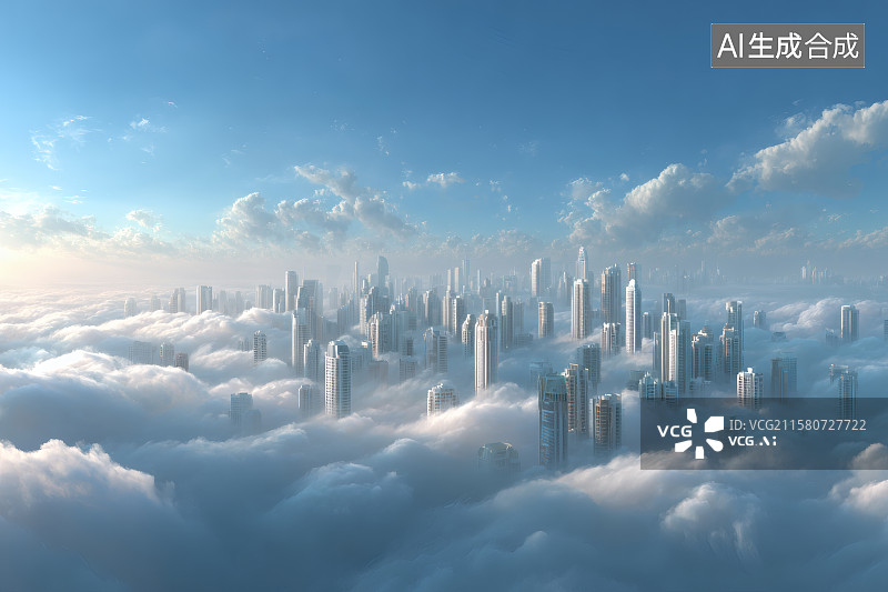 【AI数字艺术】城市上空的平流雾，人间仙境，广告背景图图片素材