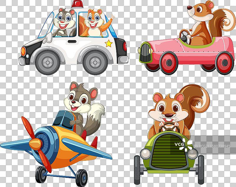 卡通松鼠在汽车、飞机和警车里图片素材