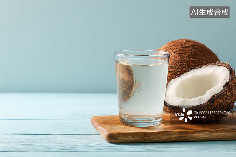 【AI数字艺术】玻璃杯装椰子水与新鲜椰子特写图片素材