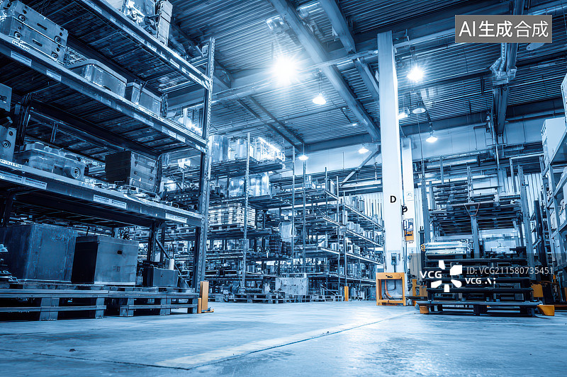 【AI数字艺术】现代化工业仓库货架与叉车场景图片素材