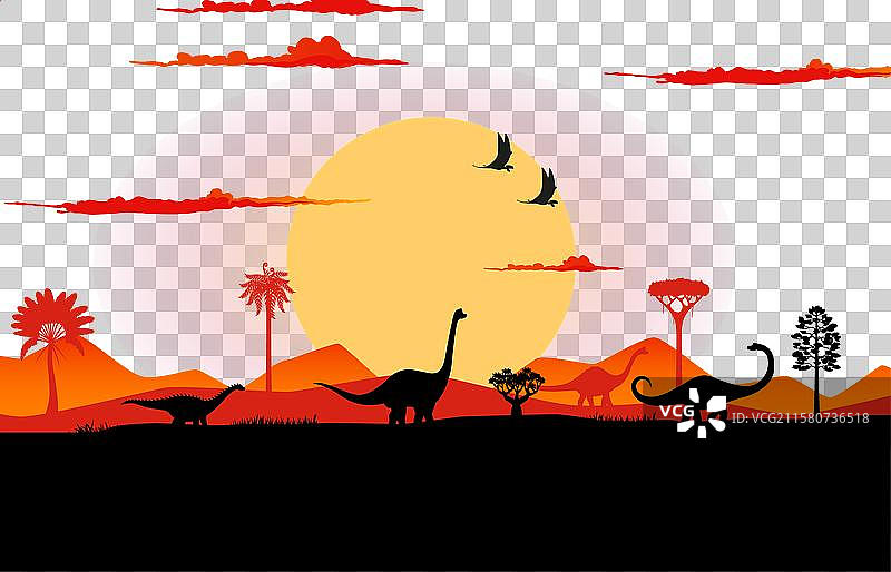 恐龙在日落时的剪影与史前景观图片素材
