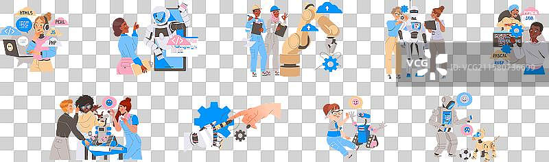 男性和女性工程师进行机器人编程图片素材