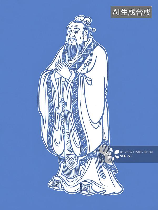 【AI数字艺术】蓝白风格孔子插画图片素材