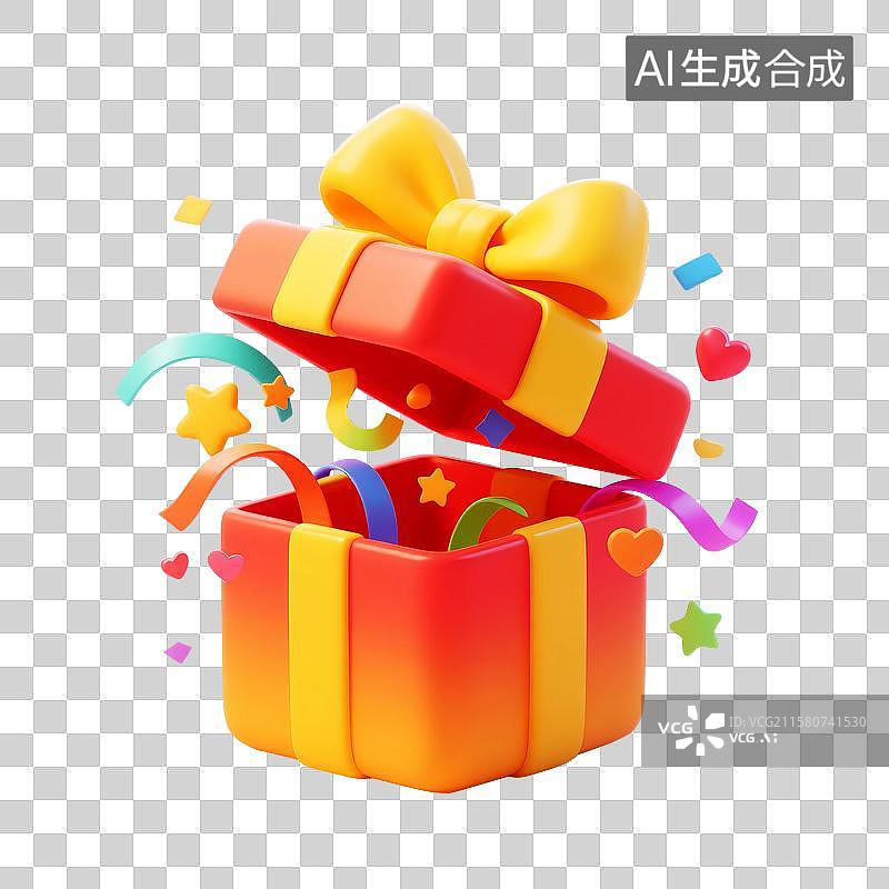 【AI数字艺术】打开的礼物盒子生日惊喜派对彩带图片素材