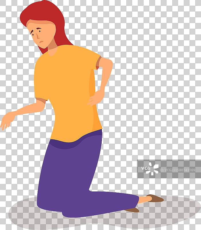 年轻女性跪着，手捂着背部，面露痛苦。图片素材