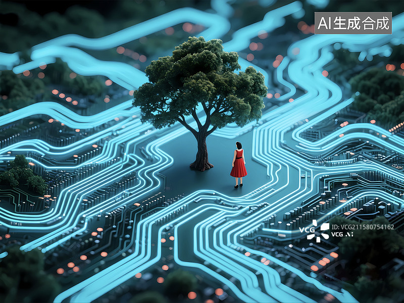 【AI数字艺术】蓝色科技树芯片人工智能场景背景图片素材