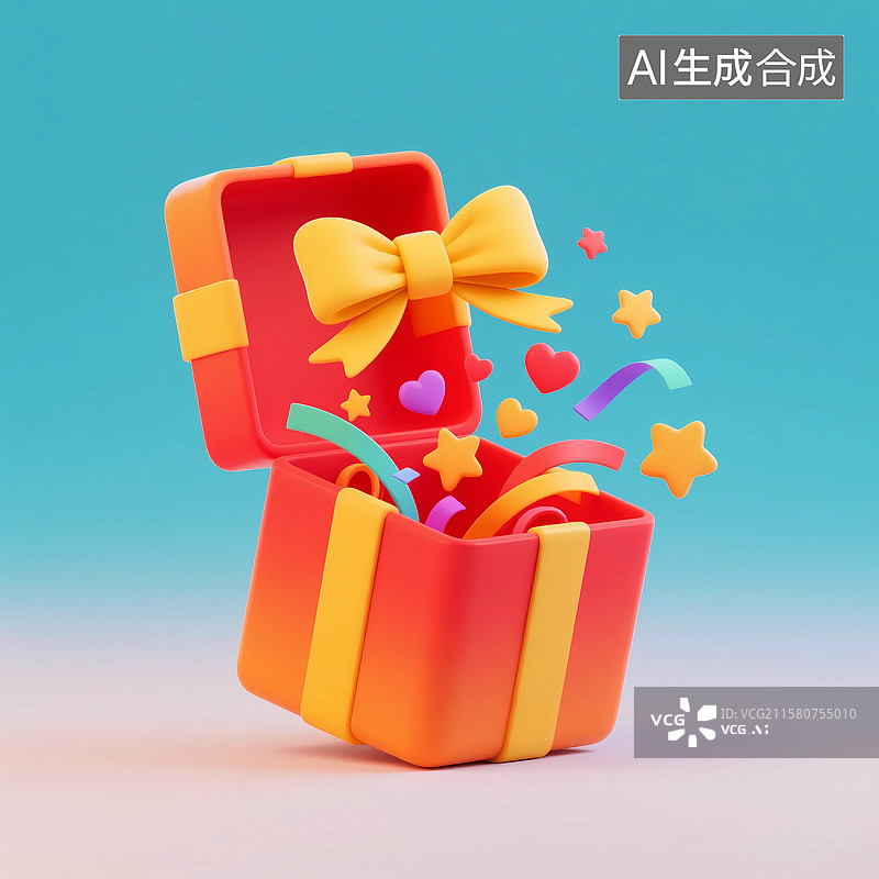 【AI数字艺术】打开的礼物盒子生日惊喜派对彩带图片素材