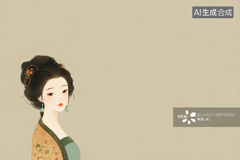 【AI数字艺术】穿着宫装的唐代美女，右边留白图片素材