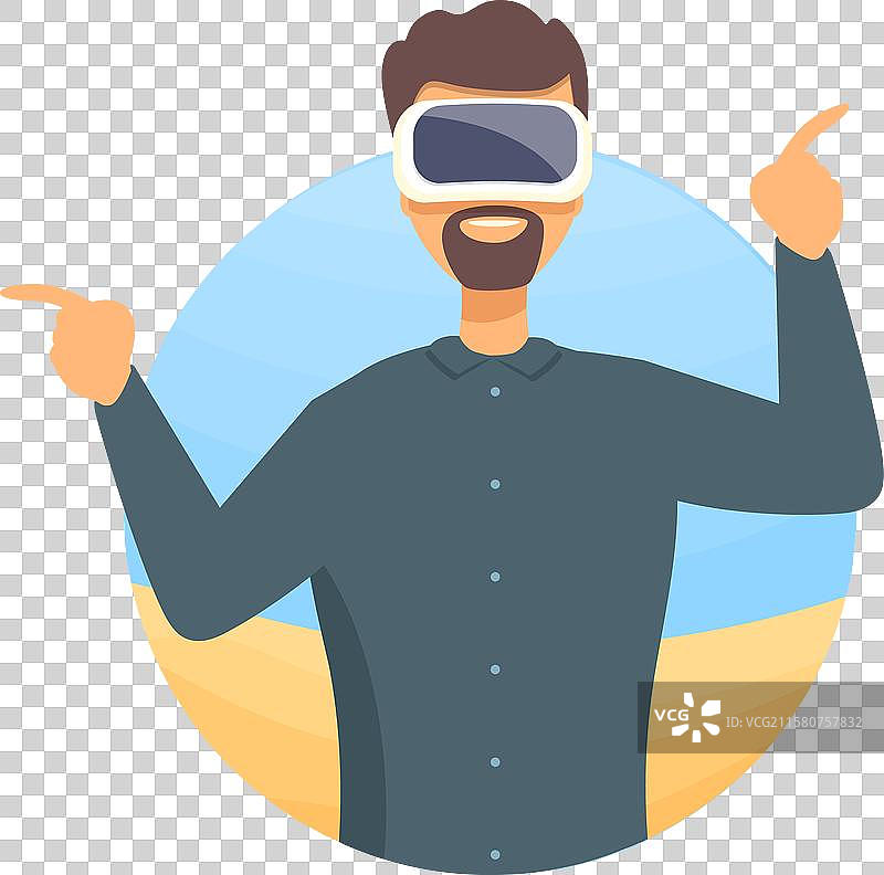 微笑的男子戴着虚拟现实头盔，用手指着前方图片素材