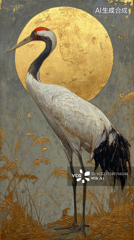 【AI数字艺术】月下鹤立，金辉映衬图片素材