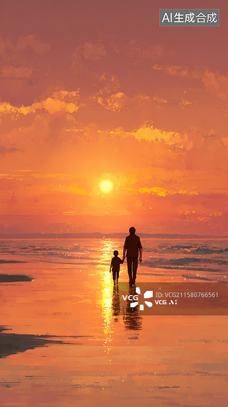 【AI数字艺术】夕阳下海边散步的父子图片素材