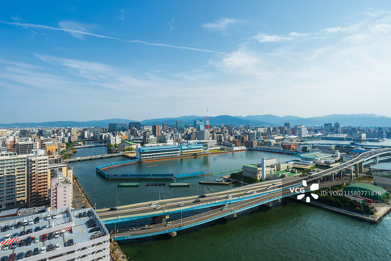 福冈高速环状线Fukuoka，博多区Hakata，旧KBC广播塔，那珂川Naka River，航拍图片素材