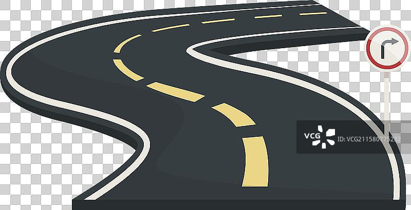 蜿蜒的道路向右转，路标指示图片素材