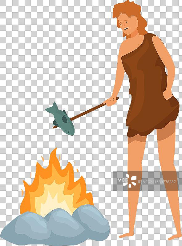 原始女性在篝火上烹饪鱼图片素材