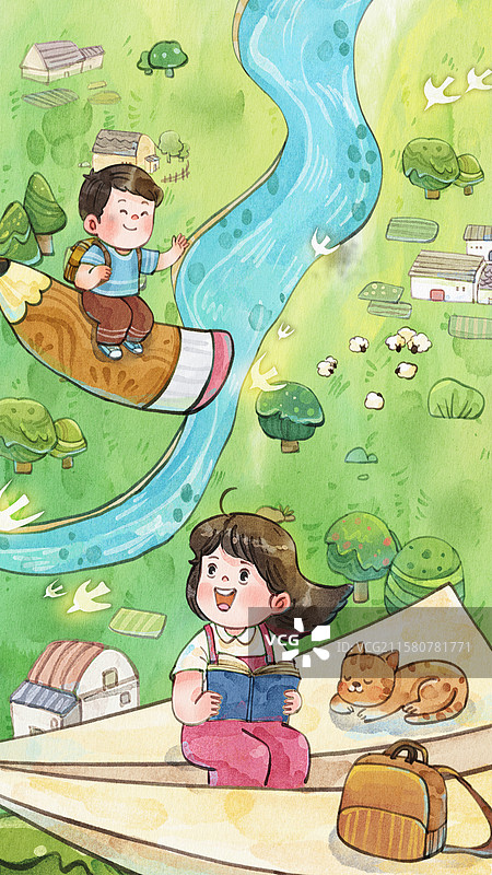 手绘水彩开学季纸飞机和铅笔儿童飞翔俯视图治愈系插画竖图图片素材