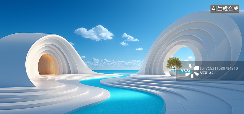 【AI数字艺术】海景极简主义建筑，天空与水色的诗意融合图片素材