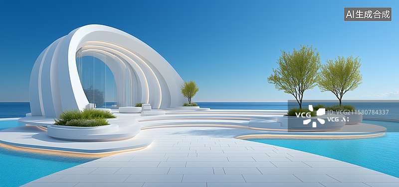 【AI数字艺术】海景极简主义建筑，天空与水色的诗意融合图片素材