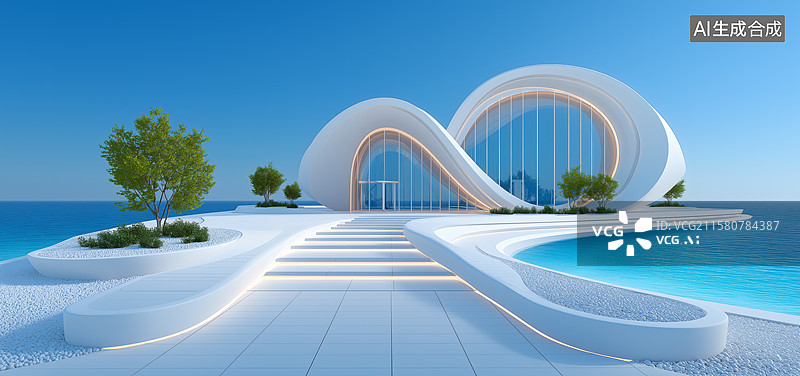 【AI数字艺术】海景极简主义建筑，天空与水色的诗意融合图片素材