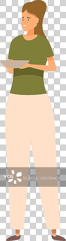 年轻女性手持空盘子，面带微笑图片素材