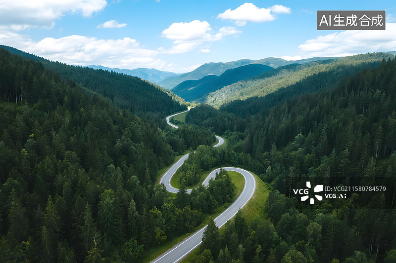 【AI数字艺术】绿意盎然的山间公路图片素材