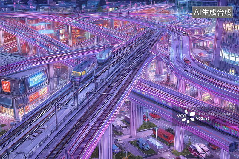 【AI数字艺术】赛博朋克城市交通枢纽图片素材