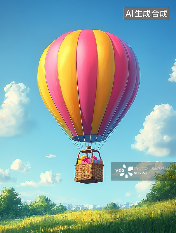 【AI数字艺术】户外公园草坪上升起悬浮的热气球图片素材