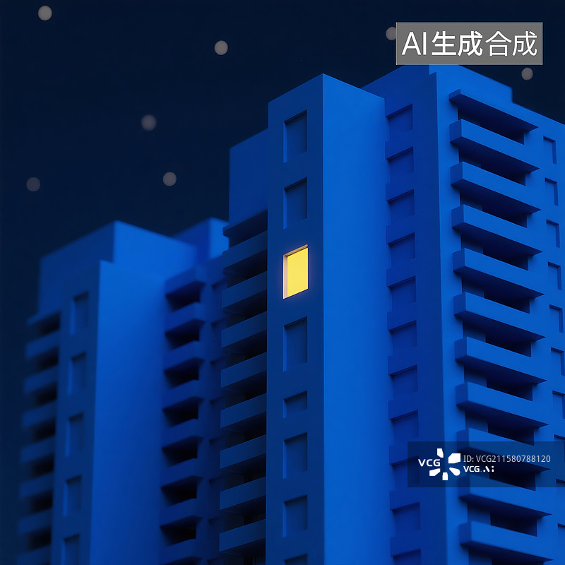 【AI数字艺术】3D渲染的夜晚深蓝色背景下高楼特写画面图片素材