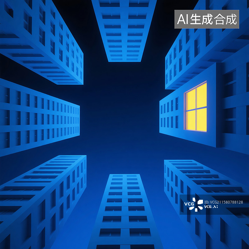 【AI数字艺术】3D渲染的夜晚深蓝色背景下高楼特写画面图片素材