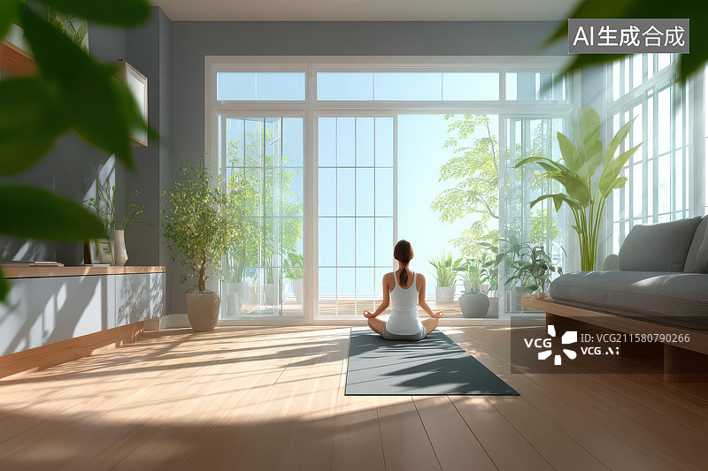 【AI数字艺术】阳光室内女子冥想剪影图图片素材
