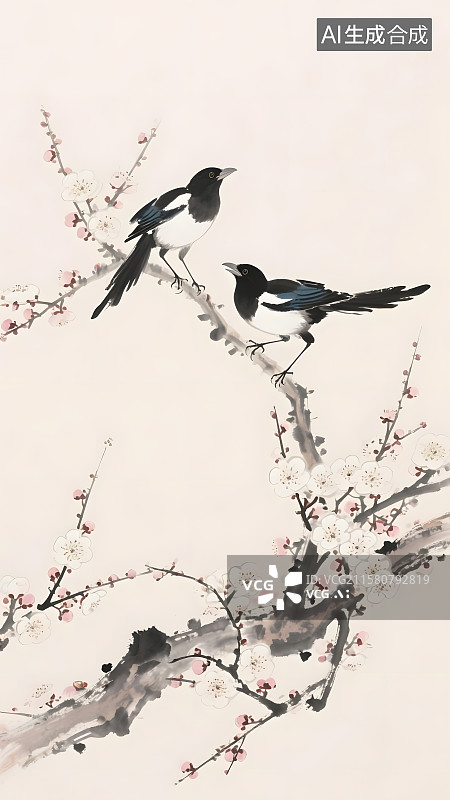 【AI数字艺术】喜鹊登梅报春来图片素材