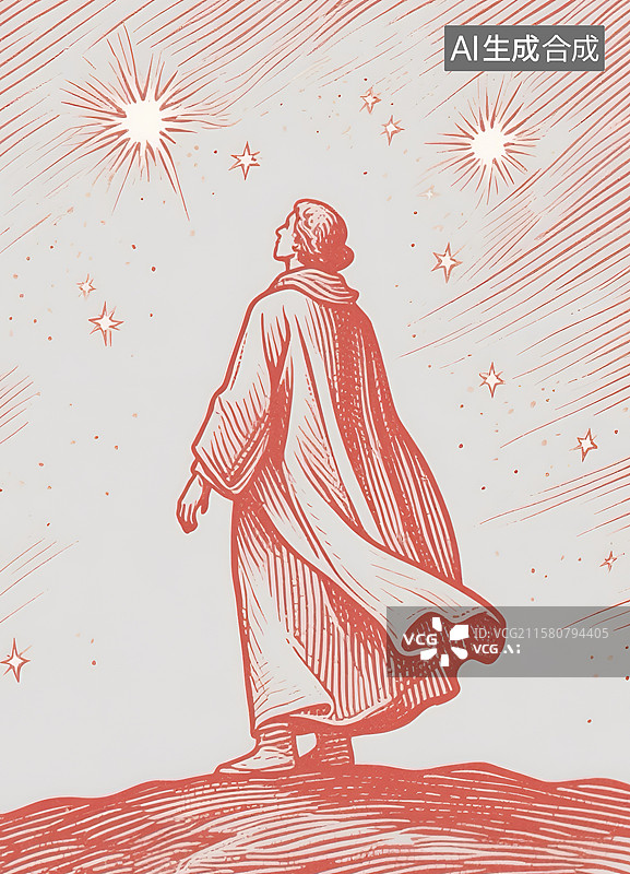 【AI数字艺术】版画脚踏实地仰望星空图片素材