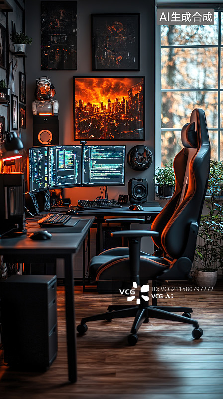 【AI数字艺术】炫酷黑科技风格网吧公司IT技术部装饰装修设计图片素材