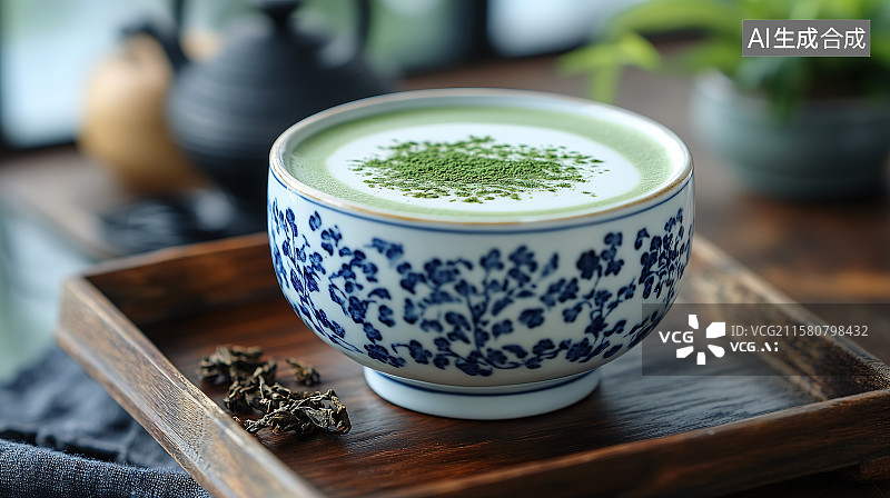 【AI数字艺术】夏天清凉饮料海报一杯青花瓷杯抹茶拿铁冰饮图片素材