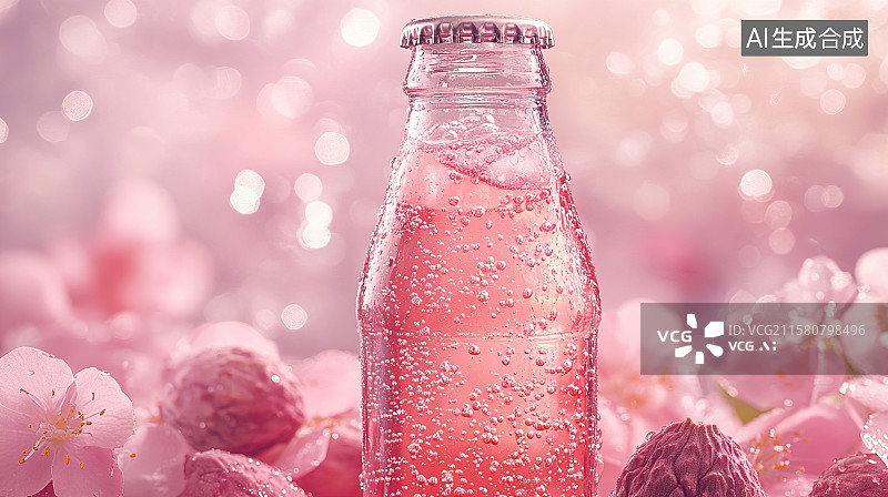 【AI数字艺术】夏天清凉水果饮料海报一瓶粉色荔枝汽水图片素材