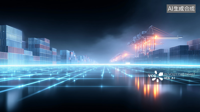 【AI数字艺术】港口物流主题背景——集装箱码头龙门吊图片素材