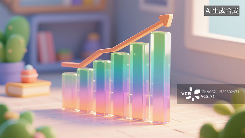 【AI数字艺术】创意3D卡通彩色玻璃质感增长条形图企业健身金融科技年会抽象商业背景书籍海报数字壁纸图片素材