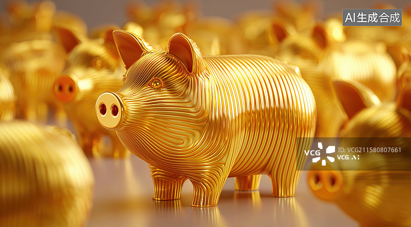【AI数字艺术】财富工艺品密集排列的土豪金猪3D卡通立体插画图片素材