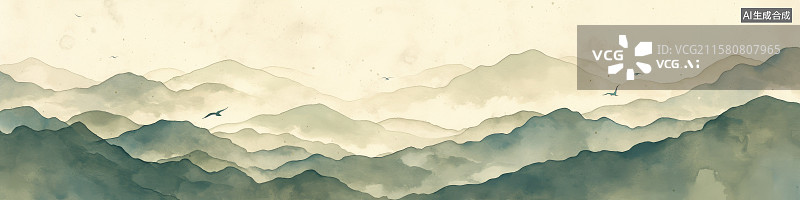 【AI数字艺术】新中式国风空灵极简水墨水彩画雾霭山峦与飞鸟柔和绿色和米色调现代中国风禅意景观环保装饰艺术抽象插画背景图片素材