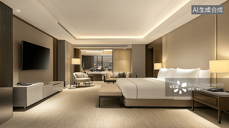 【AI数字艺术】现代城市度假星级酒店套房大床房效果图图片素材