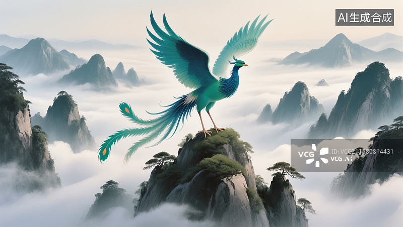 【AI数字艺术】山海经神兽青鸾 国风舞台背景图片素材