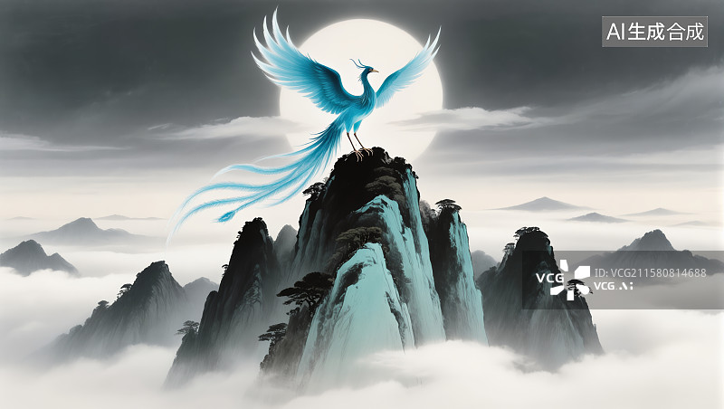 【AI数字艺术】山海经神兽青鸾 国风舞台背景图片素材