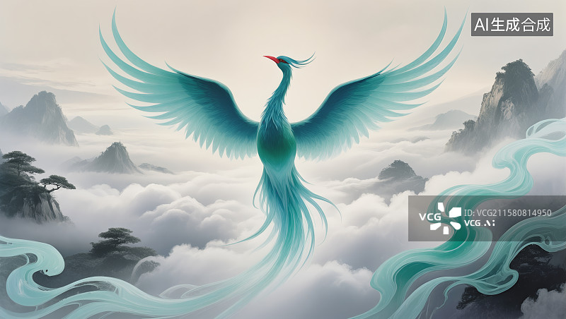 【AI数字艺术】山海经神兽青鸾 国风舞台背景图片素材