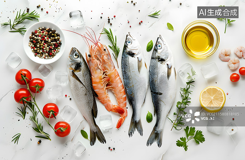 【AI数字艺术】白色背景上的各种海鲜食材图片素材