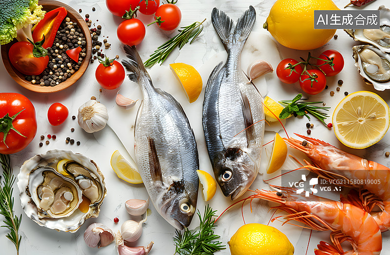 【AI数字艺术】白色背景上的各种海鲜食材图片素材