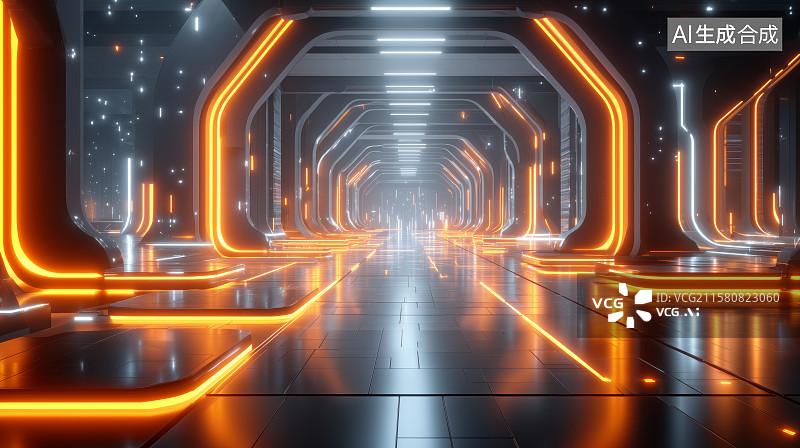 【AI数字艺术】未来科技走廊光影交错的科幻空间图片素材