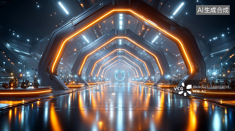【AI数字艺术】未来科技走廊光影交错的科幻空间图片素材